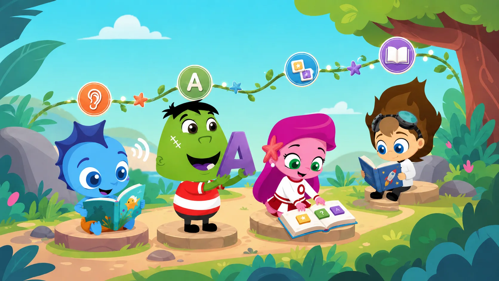 Four children reading in the same sunlit meadow at four different stages, under an arc of icons marking the order the skills arrive in: an ear for hearing sounds, a letter A, letter tiles making words, and an open book. A small blue monster listens over a picture book, a green monster holds a letter A, a pink-haired Wonster reads a book of letter tiles, and an older boy sits on a rock with a chapter book.